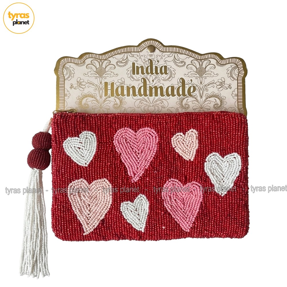 Valentine’s Handmade India Beaded Red Heart Zipper Wristlet Clutch Pouch Viral